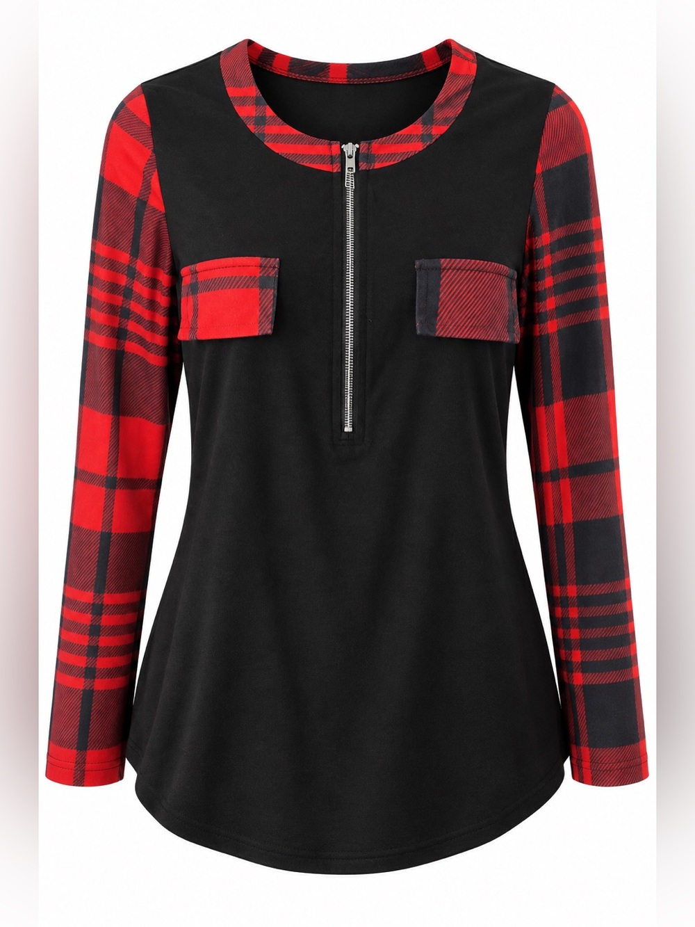 Just Fashion Now Buffalo Plaid Zip Front Long Sleeve Top Size S